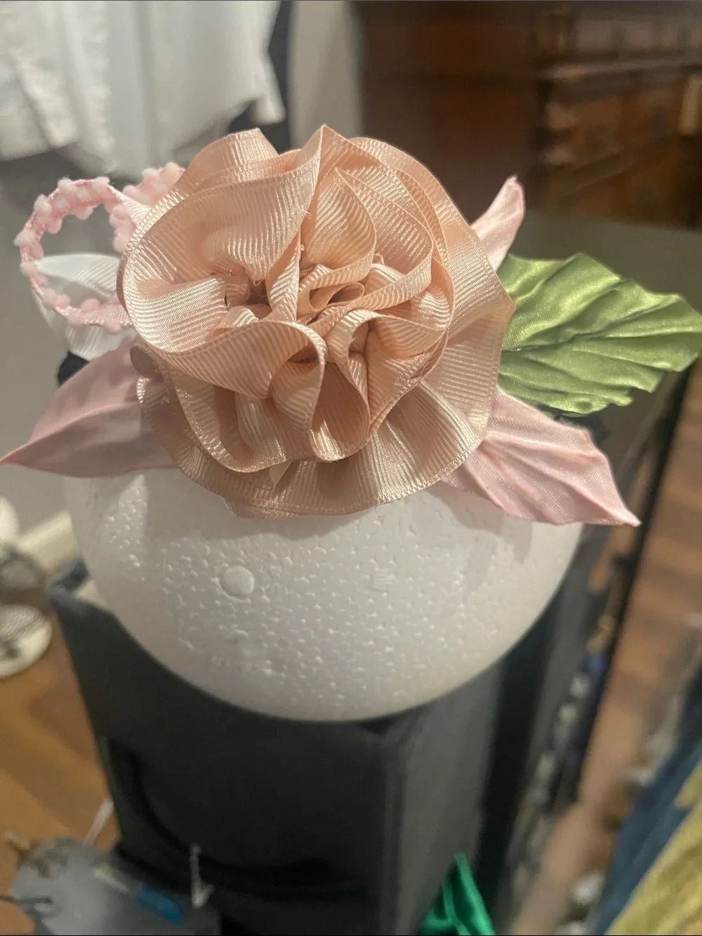 Blush Pink Floral Headband with Green Leaf Accent